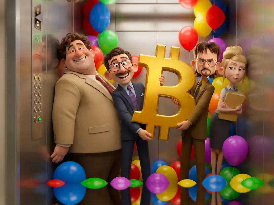 Baner krypto kasyna: czworo bohaterów stłoczonych w windzie wypełnionej balonami, a nad nimi olbrzymi złoty symbol Bitcoina